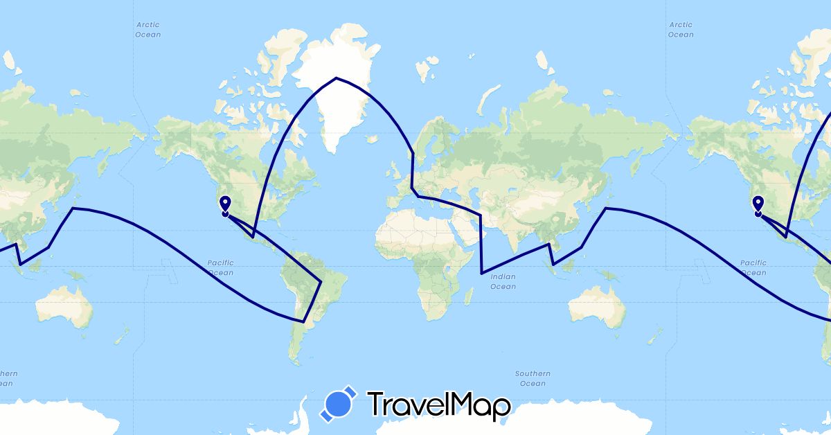 TravelMap itinerary: driving in Argentina, Brazil, Switzerland, Greenland, Iran, Italy, Japan, Mexico, Norway, Philippines, Seychelles, Singapore, Thailand, Turkey, United States (Africa, Asia, Europe, North America, South America)